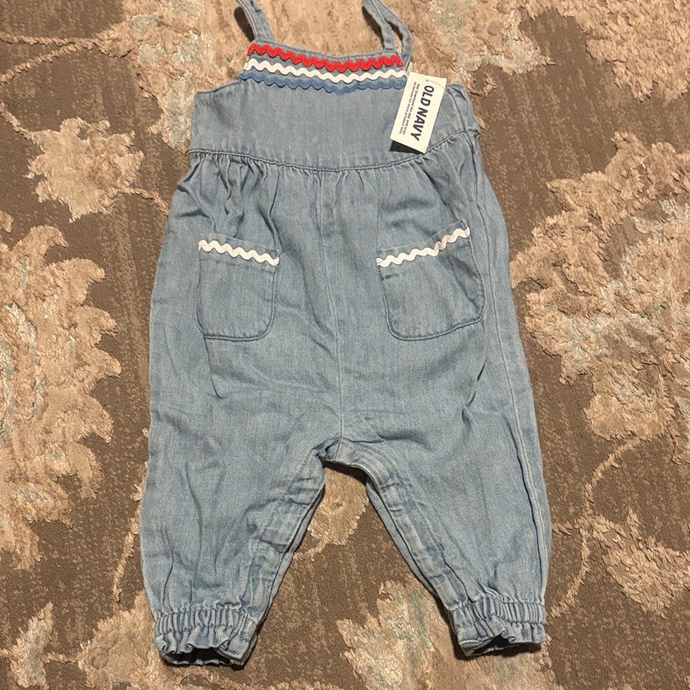 Old Navy Light Blue Denim Romper with Red, White, and Blue Details